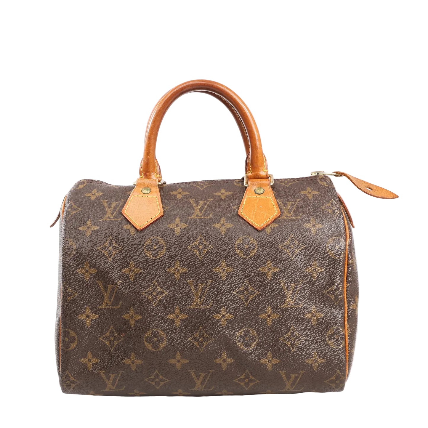 Louis Vuitton Speedy 25 handbag in brown Monogram canvas with dual rolled leather handles, gold-tone hardware, and top zip closure, shown on a white background.