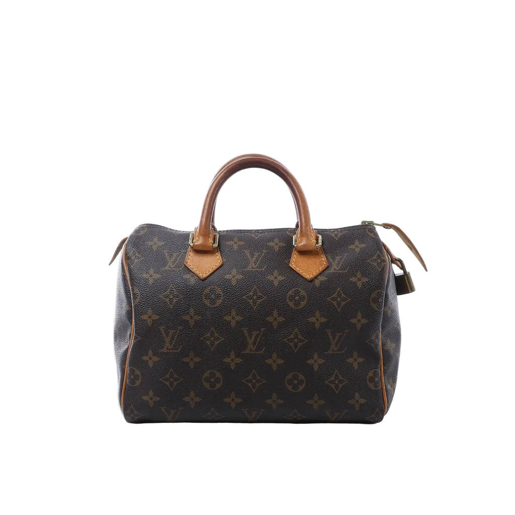 Louis Vuitton Speedy 25 handbag in brown Monogram canvas with tan vachetta leather handles, zip-top closure, leather zipper pulls, and hanging padlock on white background.