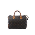 Louis Vuitton Speedy 25 handbag in brown Monogram canvas with tan vachetta leather handles, zip-top closure, leather zipper pulls, and hanging padlock on white background.