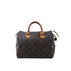 Louis Vuitton Speedy 25 handbag in brown Monogram canvas with tan vachetta leather handles, zip-top closure, leather zipper pulls, and hanging padlock on white background.