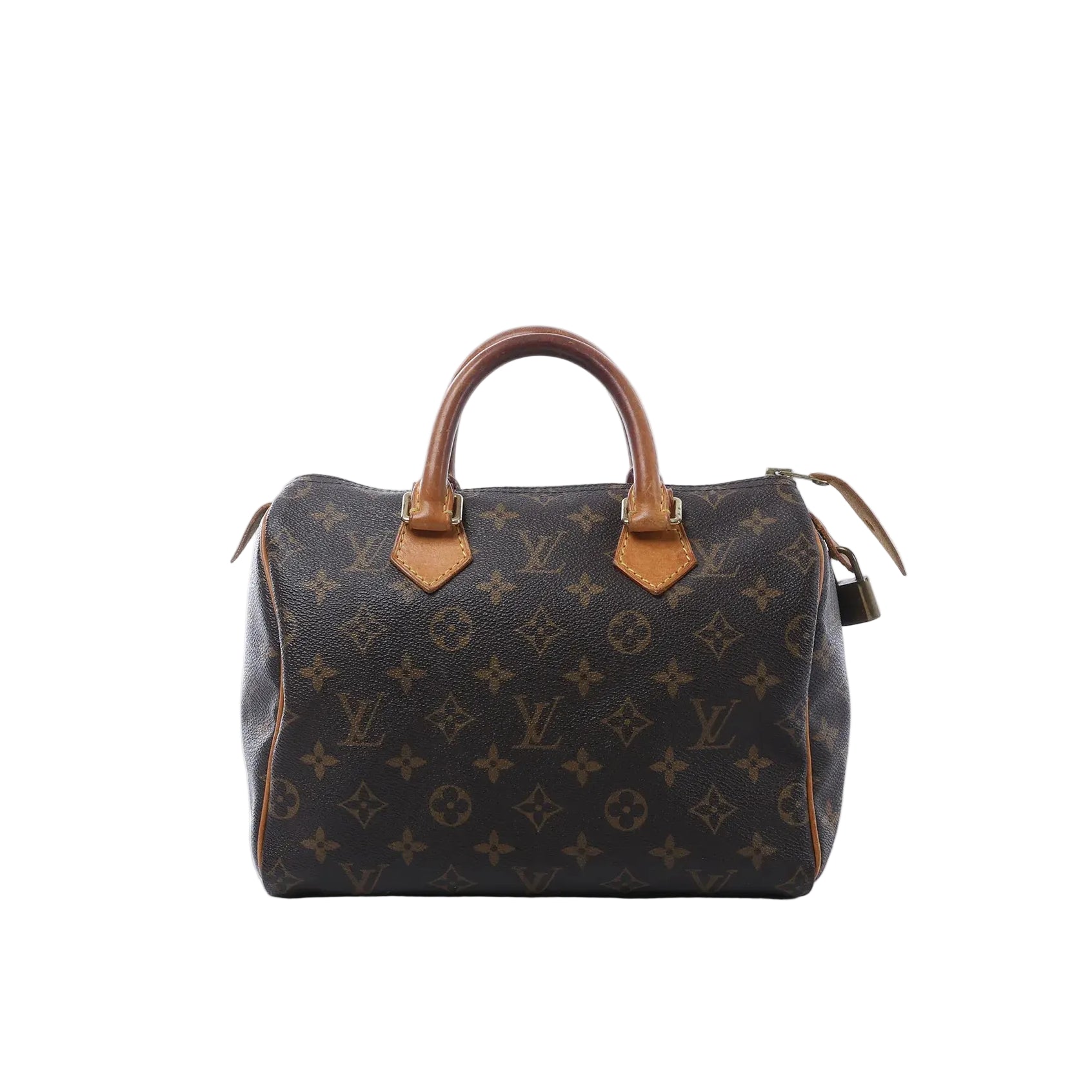 Louis Vuitton Speedy 25 handbag in brown Monogram canvas with tan vachetta leather handles, zip-top closure, leather zipper pulls, and hanging padlock on white background.