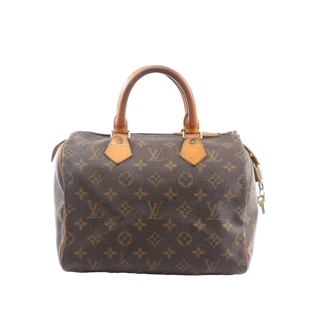 Louis Vuitton Speedy 25 handbag in brown Monogram canvas with tan vachetta leather top handles and zip-top closure, front view on white background.