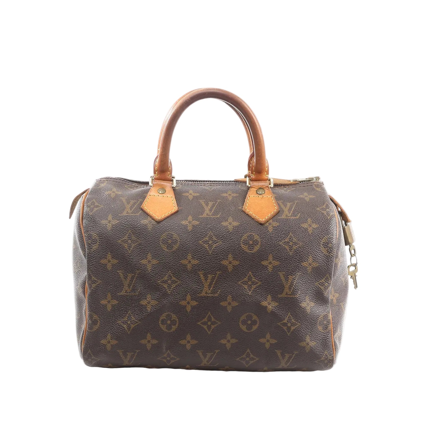 Louis Vuitton Speedy 25 handbag in brown Monogram canvas with tan vachetta leather top handles and zip-top closure, front view on white background.