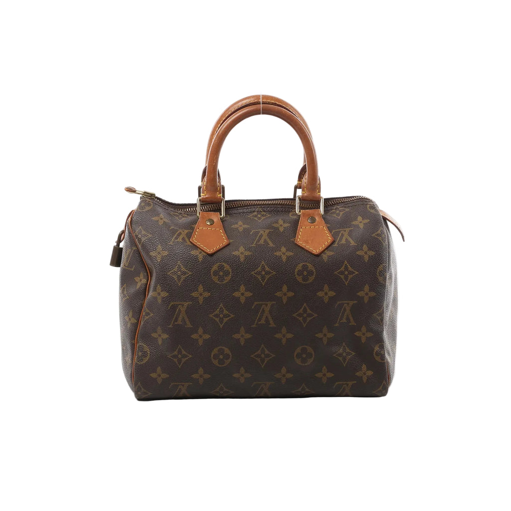 Louis Vuitton Speedy 25 handbag in brown Monogram canvas with natural leather top handles, gold-tone hardware, and zip-top closure.