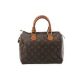 Louis Vuitton Speedy 25 handbag in brown Monogram canvas with natural leather top handles, gold-tone hardware, and zip-top closure.