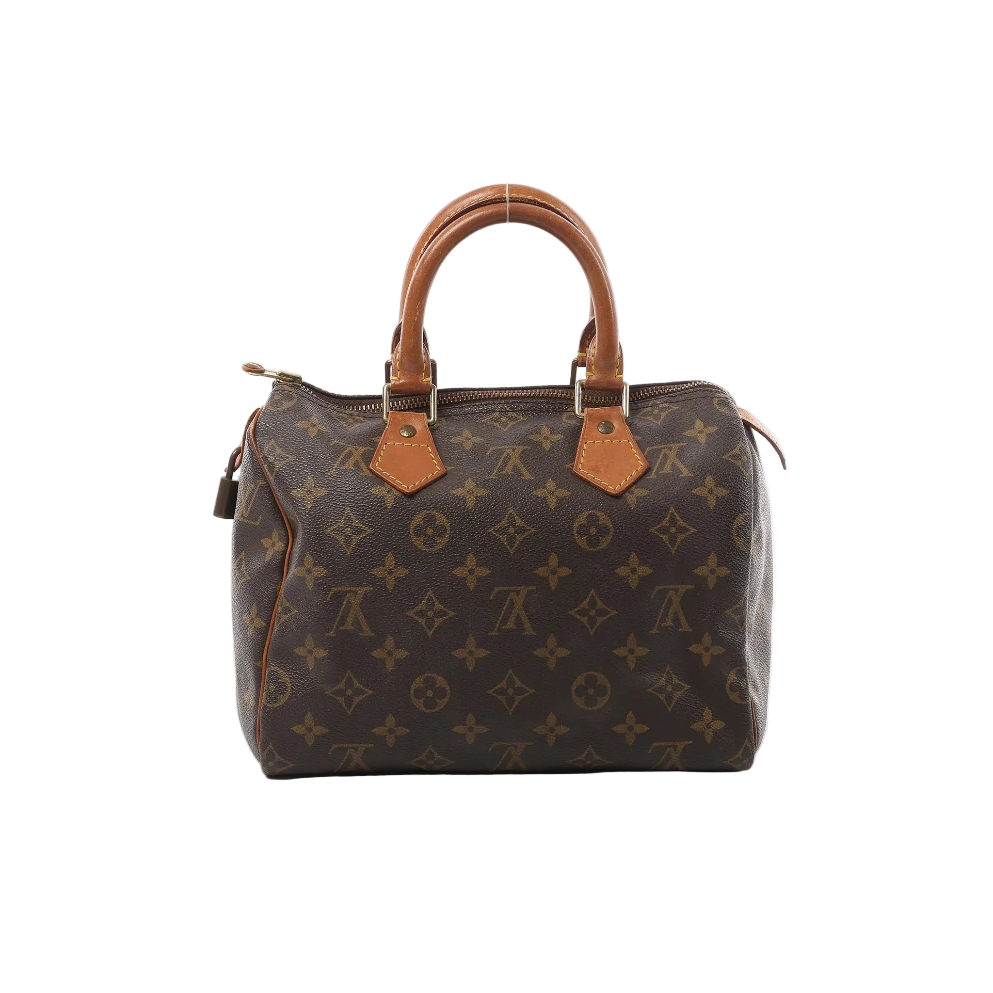 Louis Vuitton Speedy 25 handbag in brown Monogram canvas with natural leather top handles, gold-tone hardware, and zip-top closure.