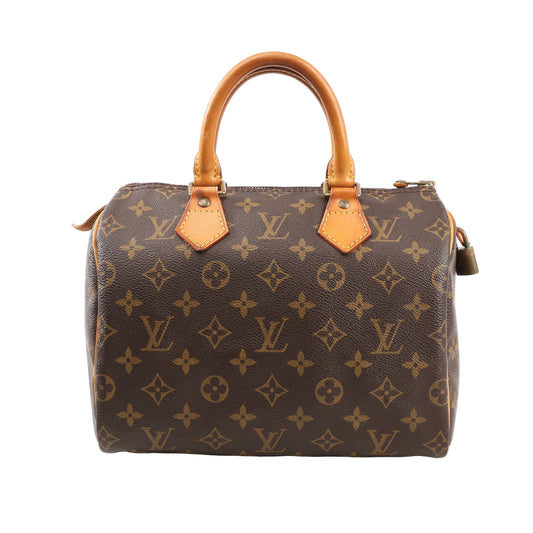 Louis Vuitton Speedy 25 handbag in brown Monogram canvas with natural leather top handles and gold-tone hardware, shown on a white background.