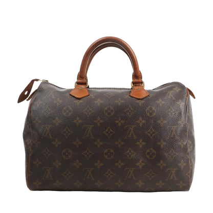 Front view of a Louis Vuitton Speedy 30 handbag in brown Monogram canvas with natural leather top handles, gold-tone hardware, and a structured silhouette.