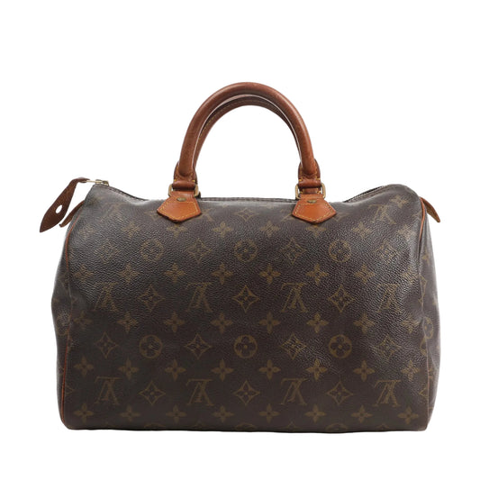 Front view of a Louis Vuitton Speedy 30 handbag in brown Monogram canvas with natural leather top handles, gold-tone hardware, and a structured silhouette.