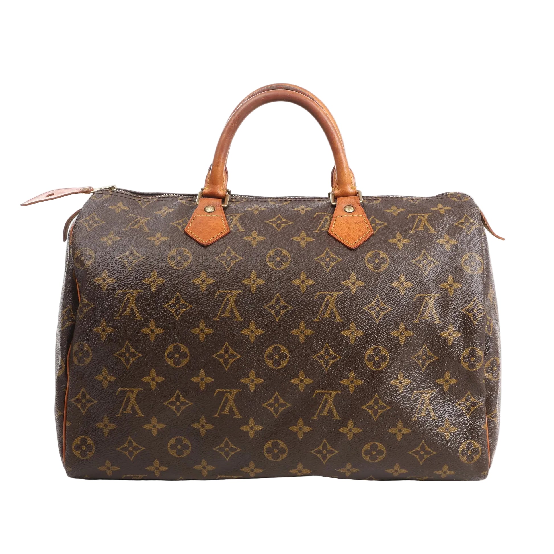Front view of a Louis Vuitton Speedy 30 handbag in brown Monogram canvas with natural leather top handles, gold-tone hardware, and a structured, zip-top silhouette.