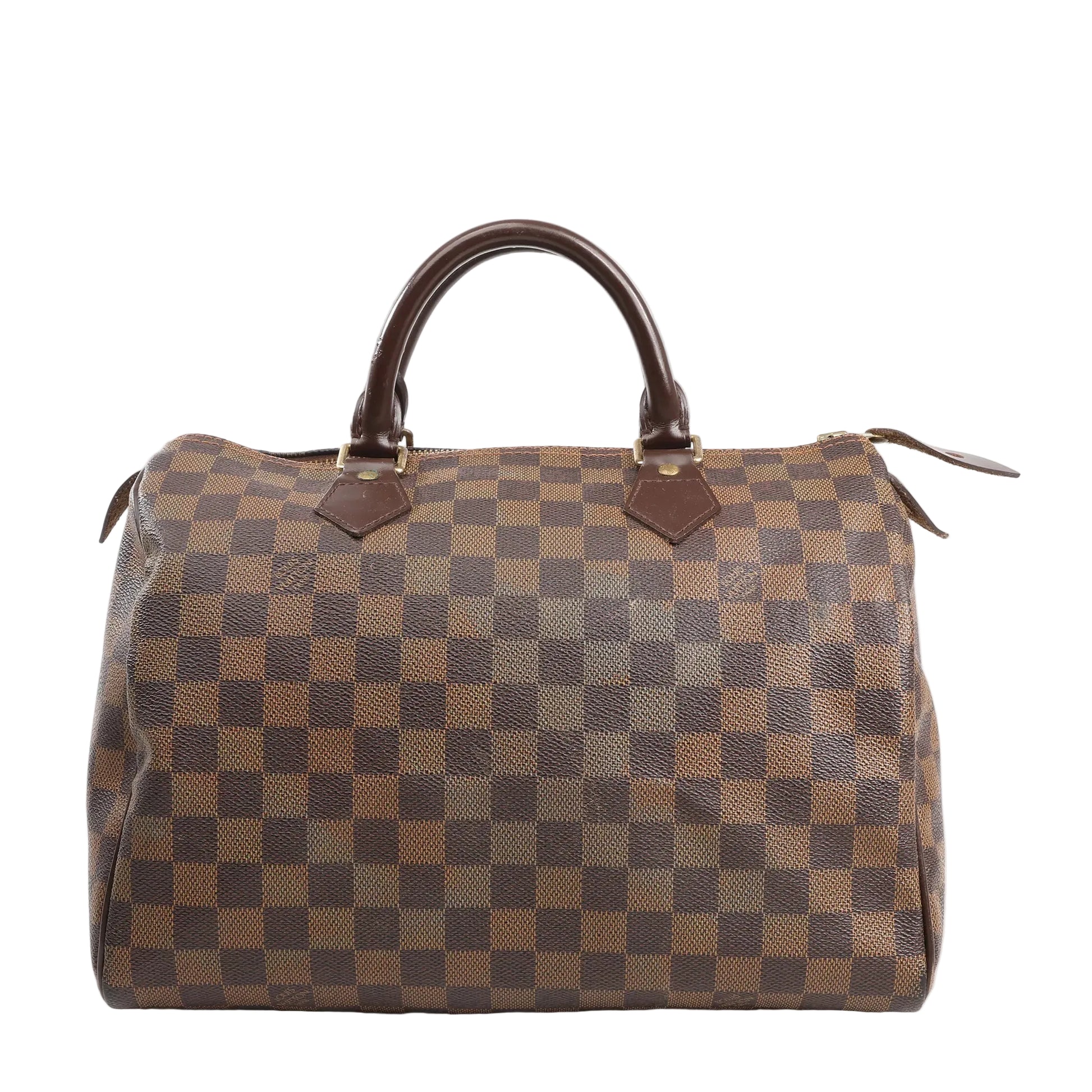 Louis Vuitton Speedy 30 handbag in brown Damier Ebene canvas with rolled leather handles, gold-tone hardware, and classic barrel shape, shown on a white background.