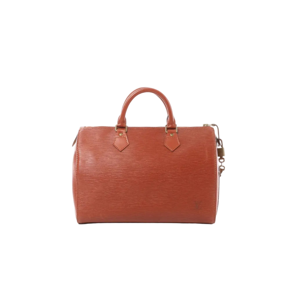 Brown Louis Vuitton Speedy 30 Epi leather handbag with top handles, zip-top closure, and hanging padlock hardware.