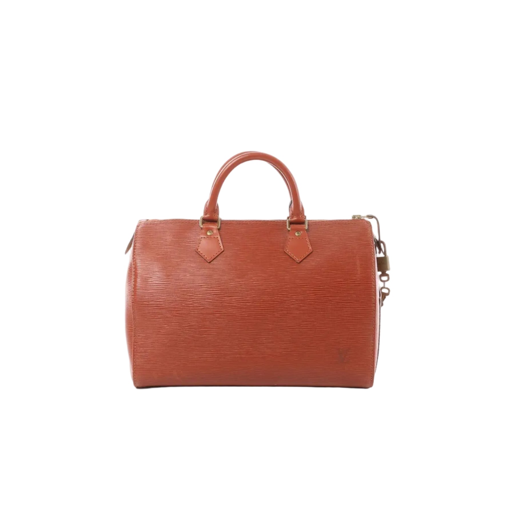 Brown Louis Vuitton Speedy 30 Epi leather handbag with top handles, zip-top closure, and hanging padlock hardware.