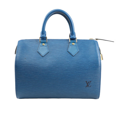 Louis Vuitton Speedy 30 Handbag M43005 in blue Epi leather with dual rolled handles, gold-tone hardware, and embossed LV logo on the front, set against a white background.