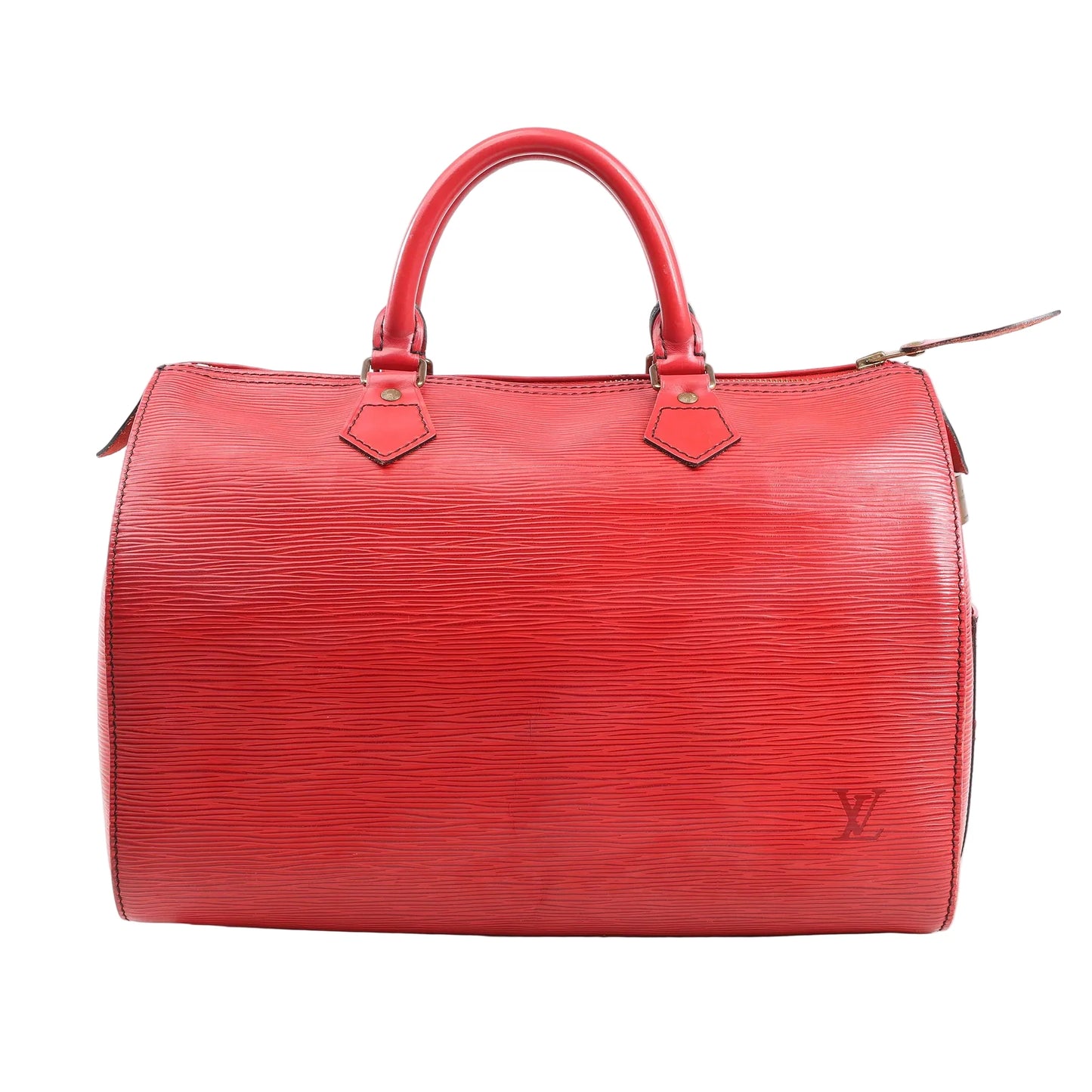 Louis Vuitton Speedy 30 M43007 handbag in red Epi leather featuring a structured barrel shape, rolled leather handles, zip-top closure, and discreet LV logo embossing.