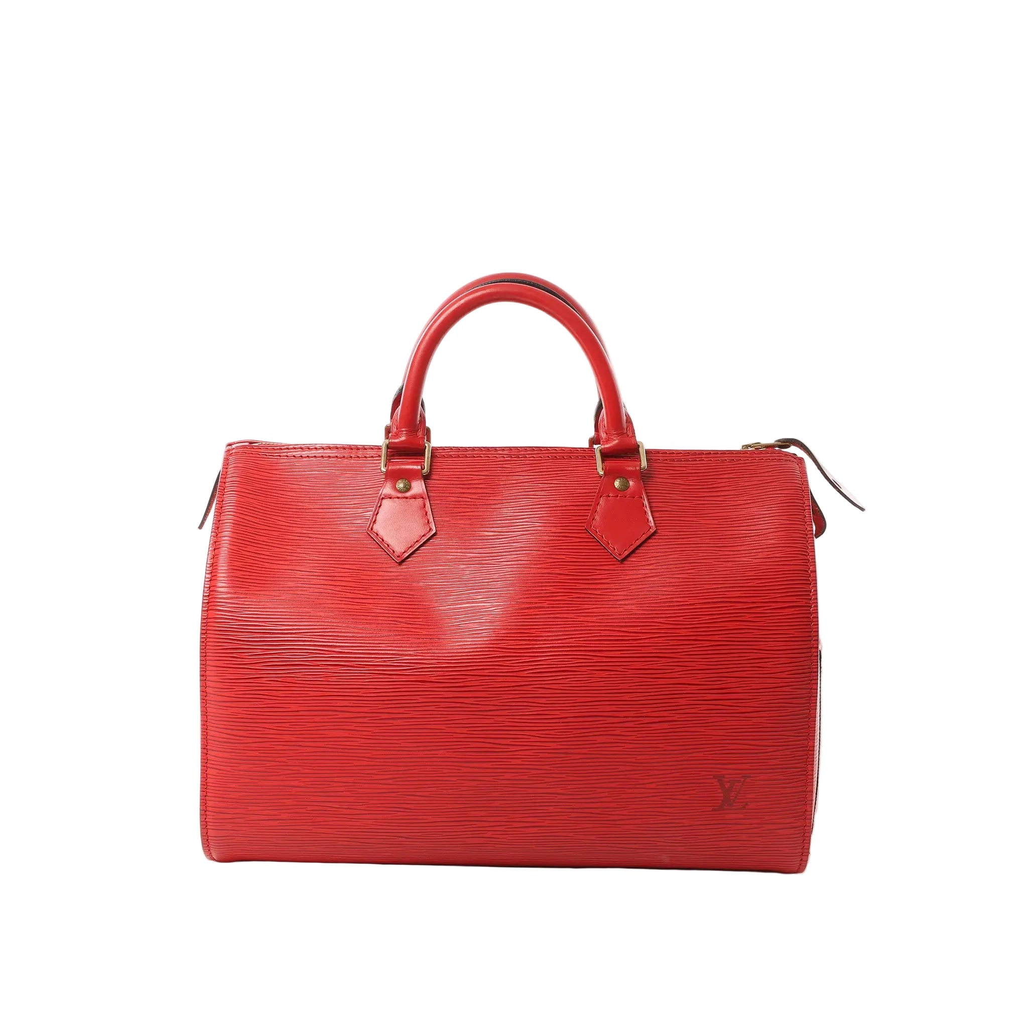 Red Louis Vuitton Speedy 30 handbag in textured Epi leather with top handles, gold-tone hardware, and zip closure on a white background.
