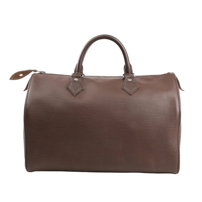 Louis Vuitton Speedy 30 handbag in brown Epi leather featuring a textured finish, structured shape, dual rolled leather handles, and silver-tone hardware.