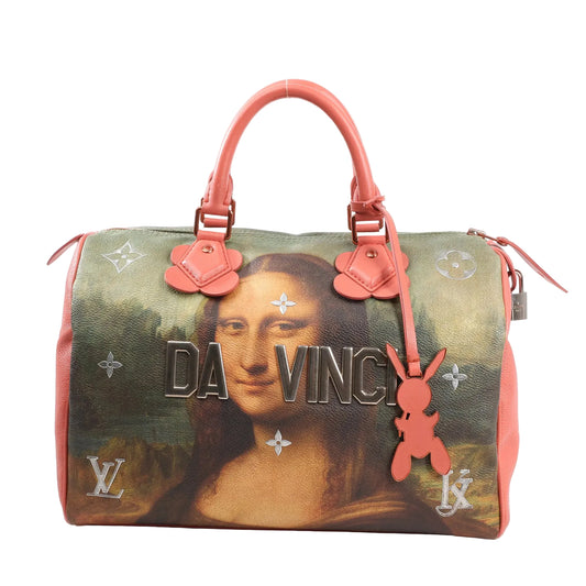 Front view of the Louis Vuitton Speedy 30 Masters Collection handbag M43372, showcasing Da Vinci’s Mona Lisa print on coated canvas with pink leather trim, silver “DA VINCI” lettering, monogram accents, and a red bunny charm.
