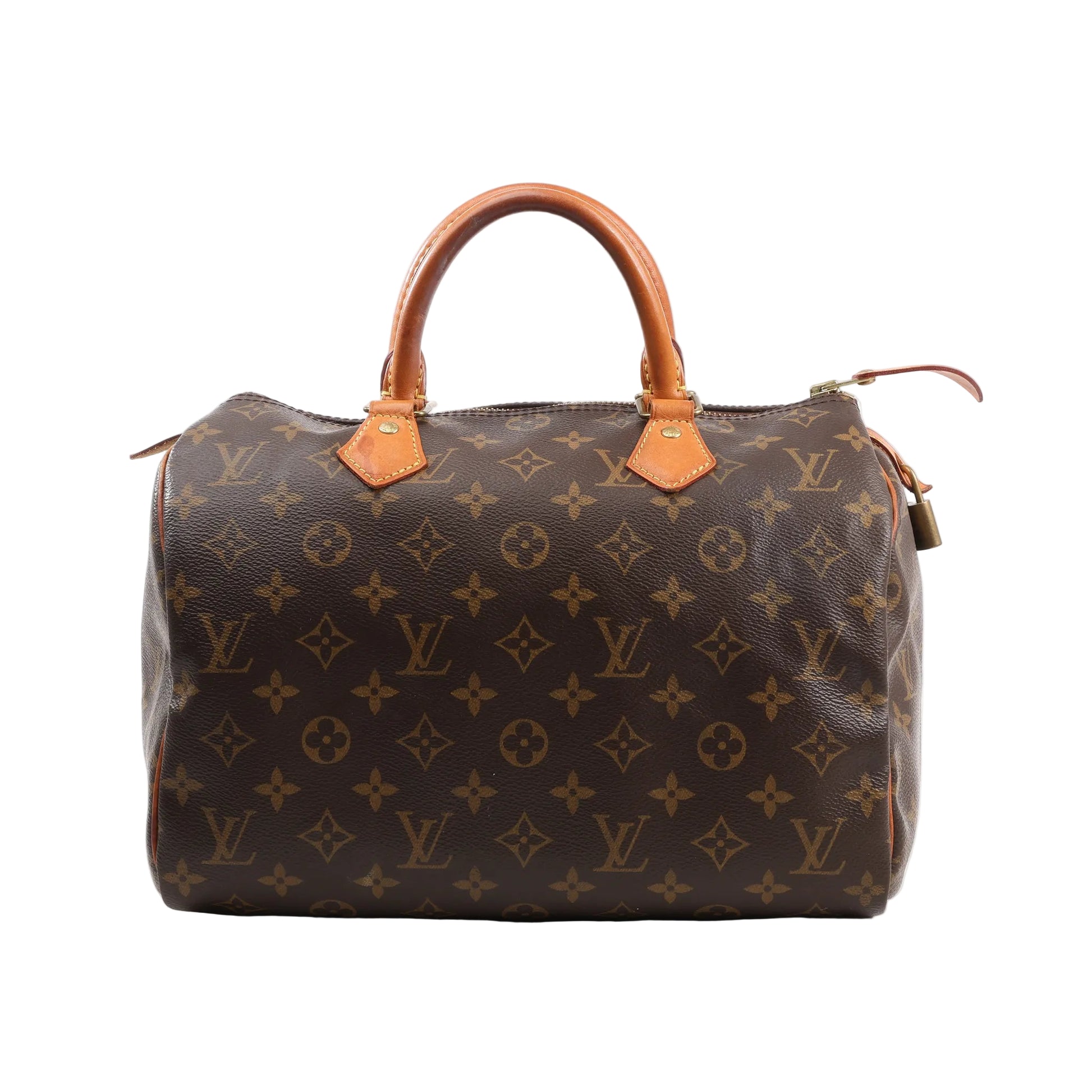 Louis Vuitton Monogram Speedy 30 Handbag M41108 in brown coated canvas with signature LV monogram pattern, natural leather top handles, gold-tone hardware, and side lock detail, displayed on a white background.