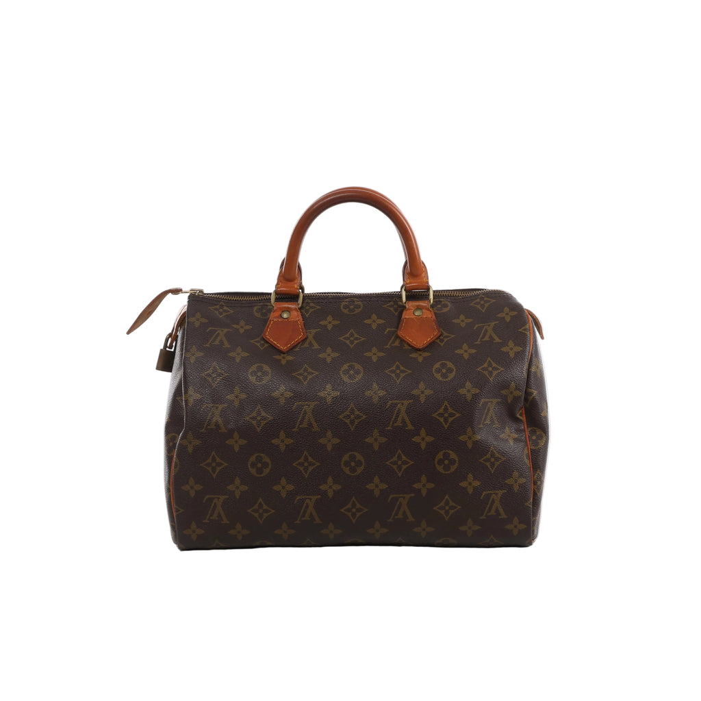 Brown Louis Vuitton Speedy 30 Monogram canvas handbag with tan leather top handles, zip closure and gold-tone hardware.