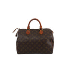 Brown Louis Vuitton Speedy 30 Monogram canvas handbag with tan leather top handles, zip closure and gold-tone hardware.