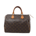 Brown Louis Vuitton Speedy 30 Monogram handbag with tan leather rolled handles and piping, gold-tone fittings and a leather zip pull.