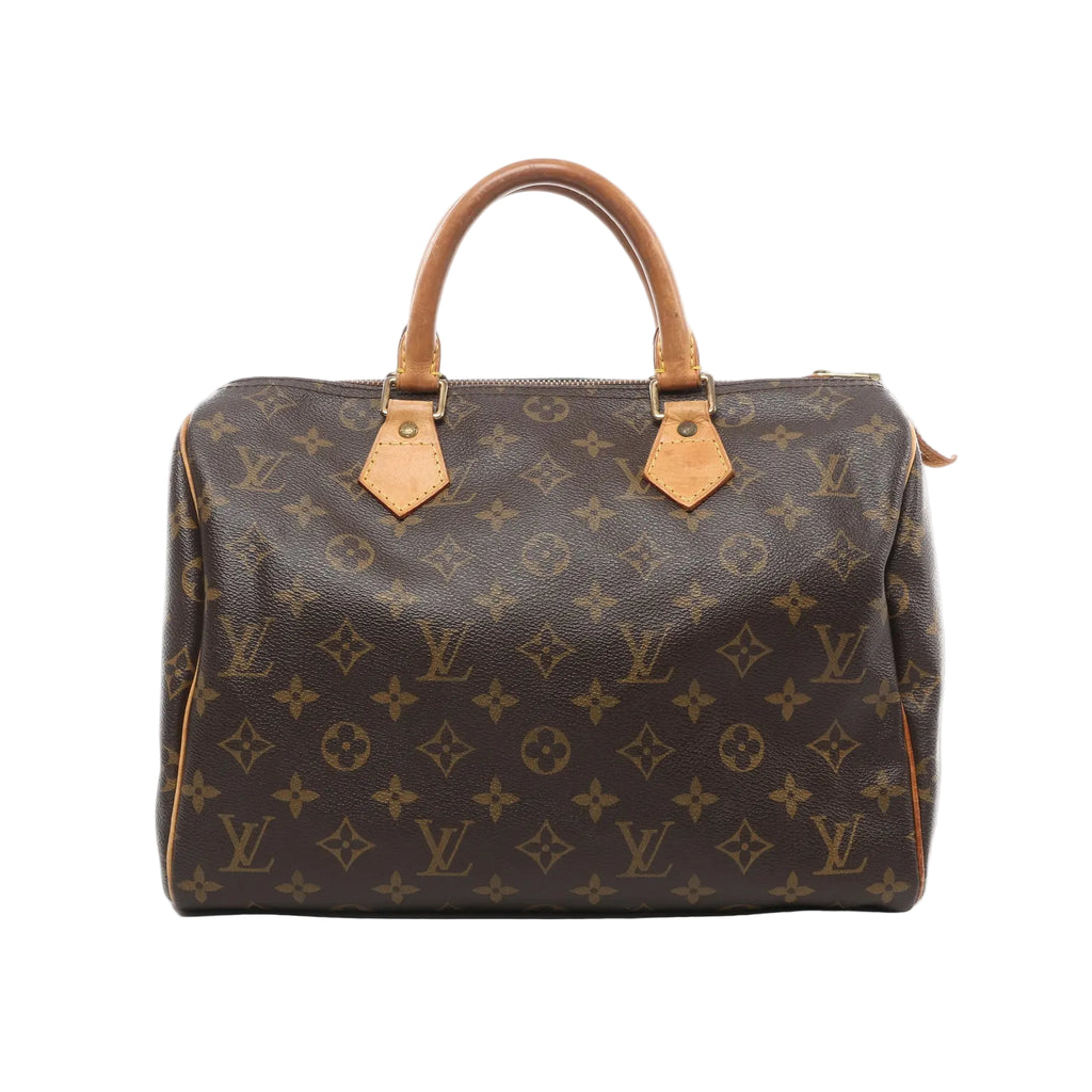 Louis Vuitton Speedy 30 handbag in brown Monogram coated canvas with natural cowhide leather rolled handles, gold-tone hardware, and zip top closure on a white background.