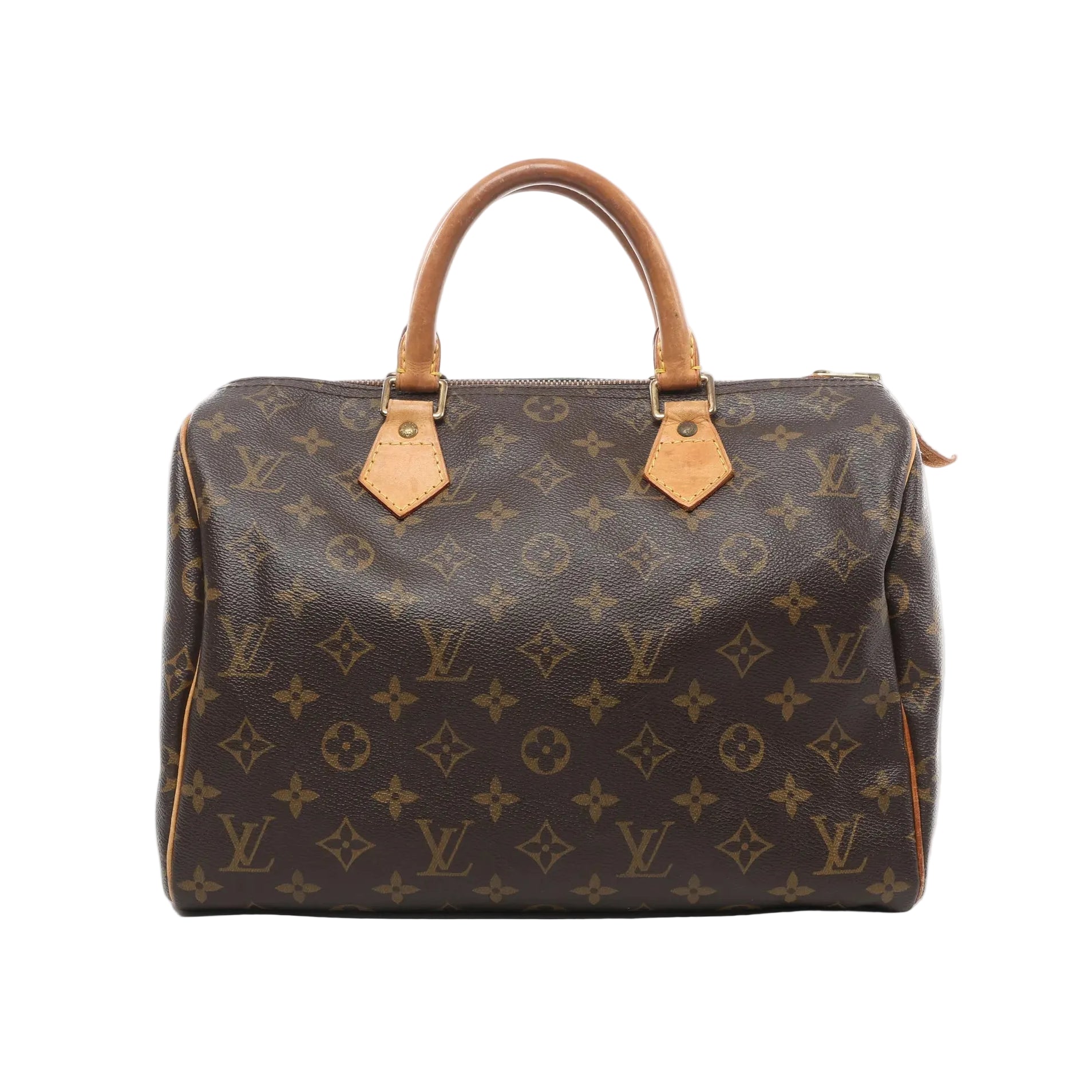 Louis Vuitton Speedy 30 handbag in brown Monogram coated canvas with natural cowhide leather rolled handles, gold-tone hardware, and zip top closure on a white background.