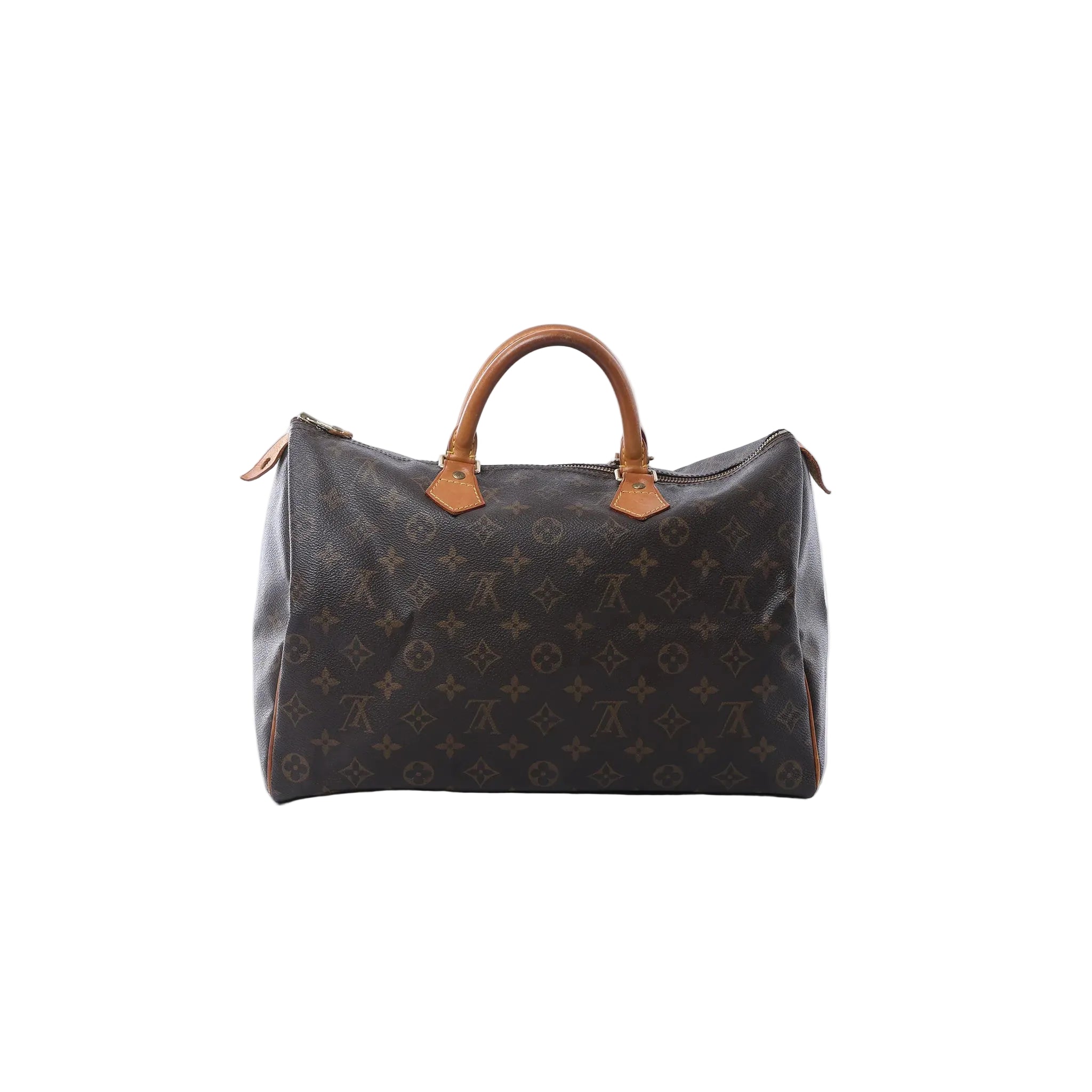 Louis Vuitton Speedy 30 handbag in brown Monogram canvas with tan vachetta leather handles, zip-top closure, and leather zipper pulls on white background.