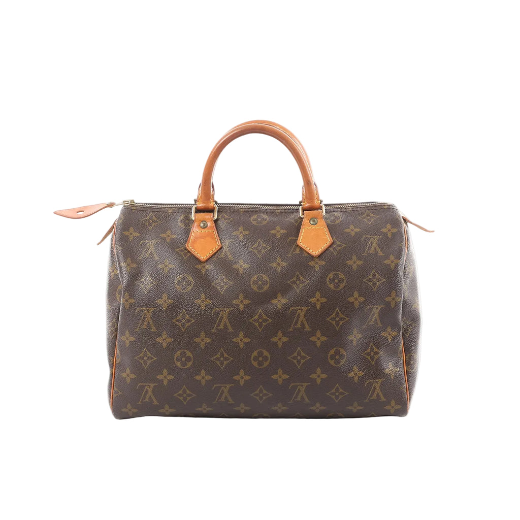 Louis Vuitton Speedy 30 handbag in brown Monogram canvas with natural leather top handles, gold-tone hardware, and zip-top closure on a white background.