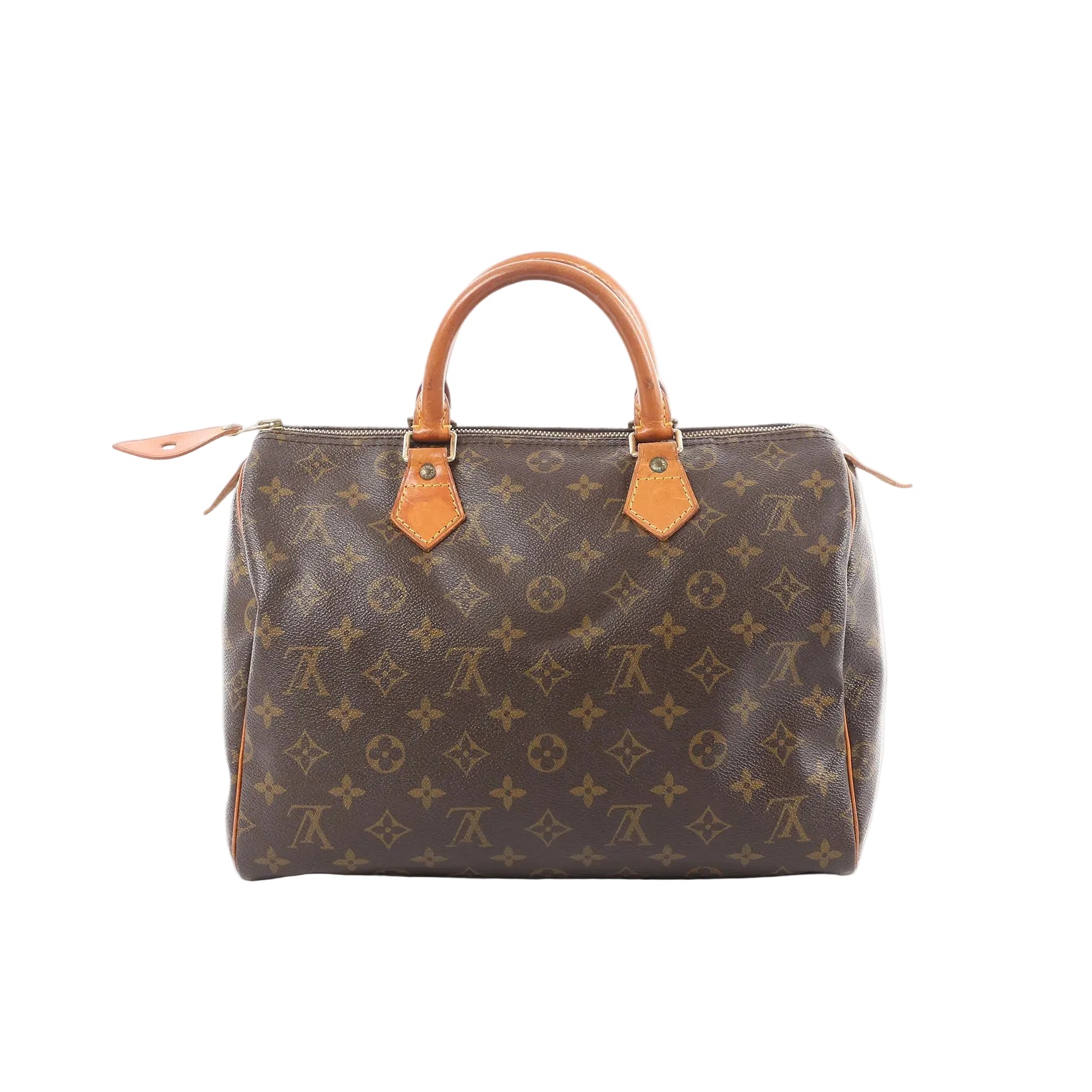 Louis Vuitton Speedy 30 handbag in brown Monogram canvas with natural leather top handles, gold-tone hardware, and zip-top closure on a white background.
