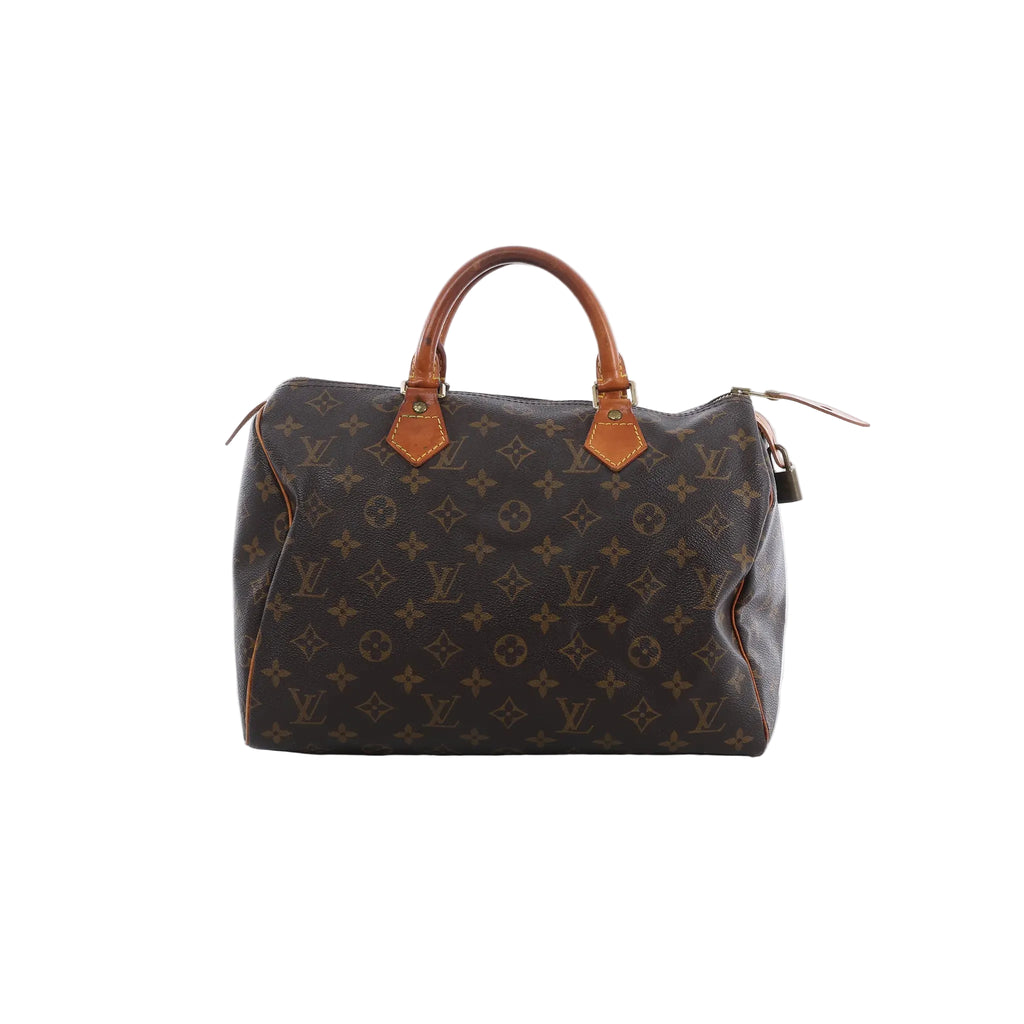 Louis Vuitton Speedy 30 brown Monogram canvas handbag with tan leather top handles, zip-top closure and hanging padlock on white background.