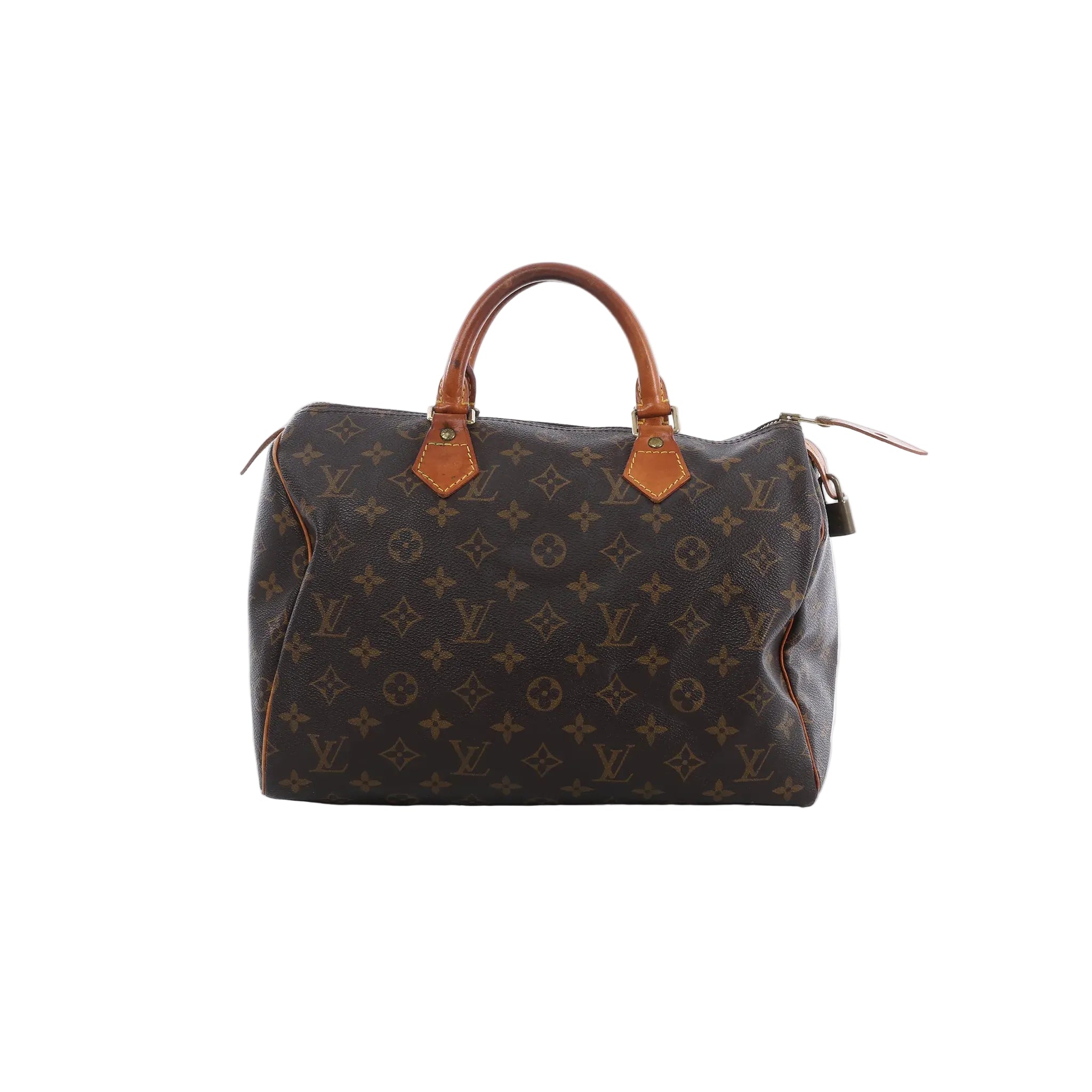 Louis Vuitton Speedy 30 brown Monogram canvas handbag with tan leather top handles, zip-top closure and hanging padlock on white background.