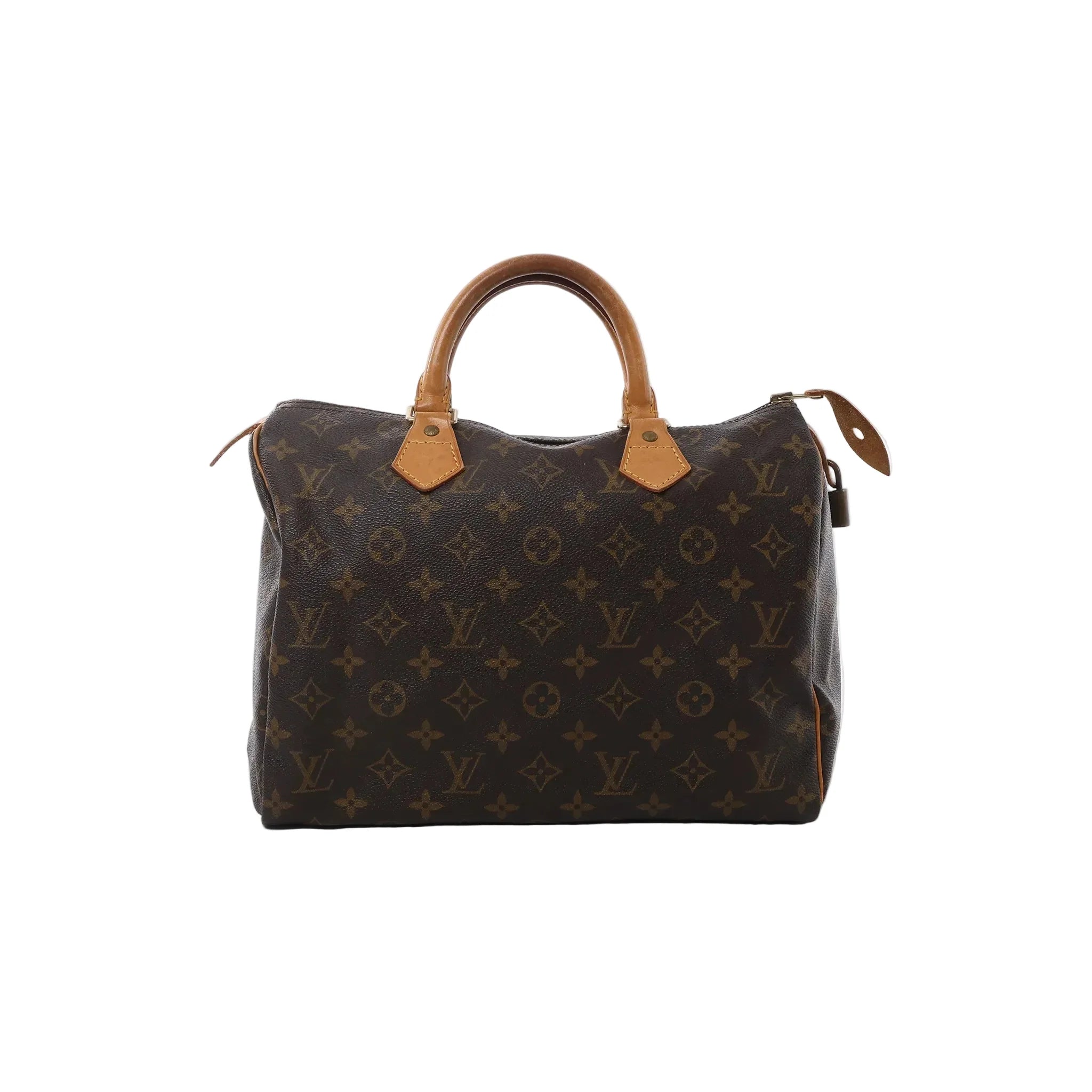 Front view of Louis Vuitton Speedy 30 handbag in brown Monogram canvas with vachetta leather top handles, zip-top closure, and hanging leather clochette with padlock.