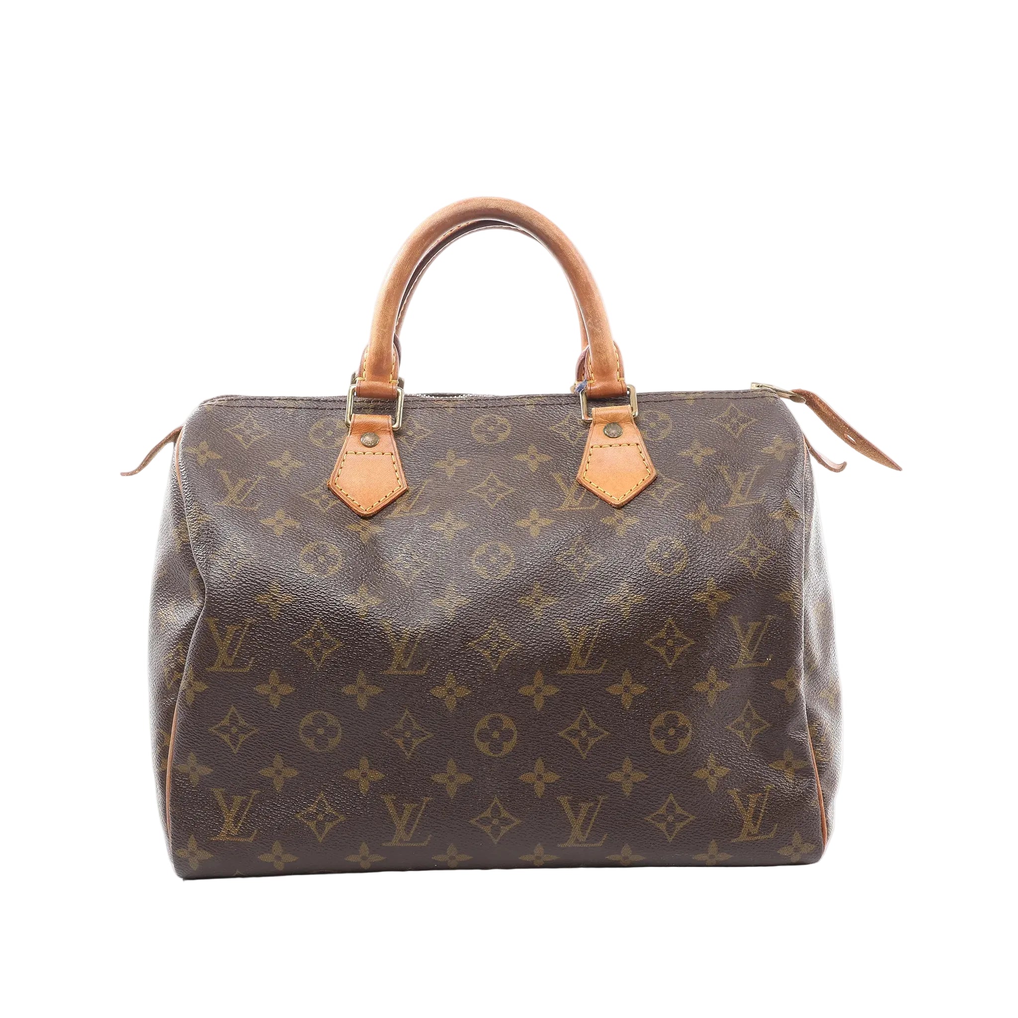 Louis Vuitton Speedy 30 brown Monogram canvas handbag with vachetta leather rolled top handles, vachetta trim, and a top zip closure, shown on a white background.