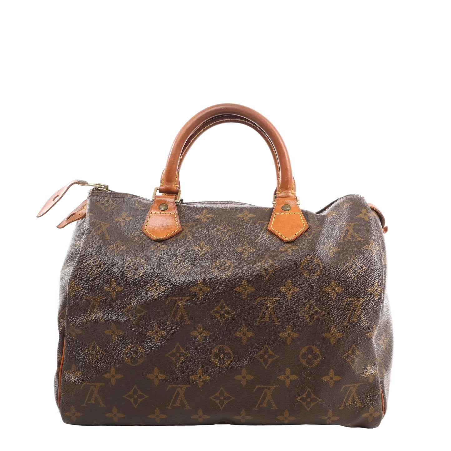 Louis Vuitton Speedy 30 M41526 handbag in brown Monogram canvas with natural leather trim, dual rolled top handles, and zip-top closure.