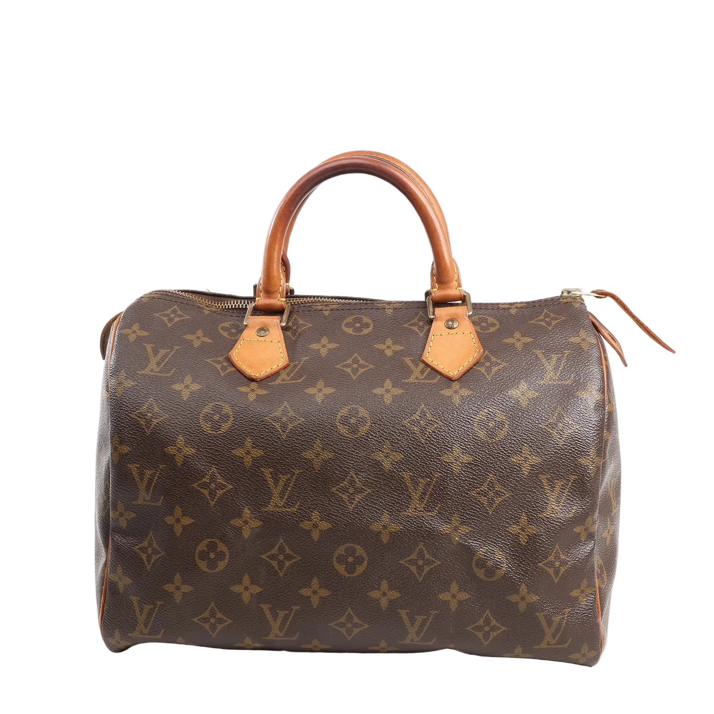 Louis Vuitton Speedy 30 handbag in brown Monogram canvas with dual rolled leather handles, gold-tone hardware, and top zipper closure on a white background.
