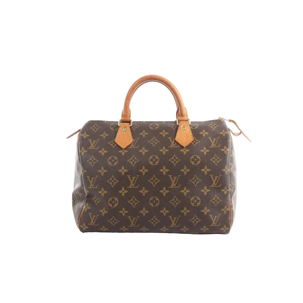 Louis Vuitton Speedy 30 handbag in brown Monogram canvas with natural leather top handles, gold-tone hardware, and zip-top closure on a white background.