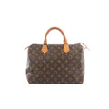 Louis Vuitton Speedy 30 handbag in brown Monogram canvas with natural leather top handles, gold-tone hardware, and zip-top closure on a white background.