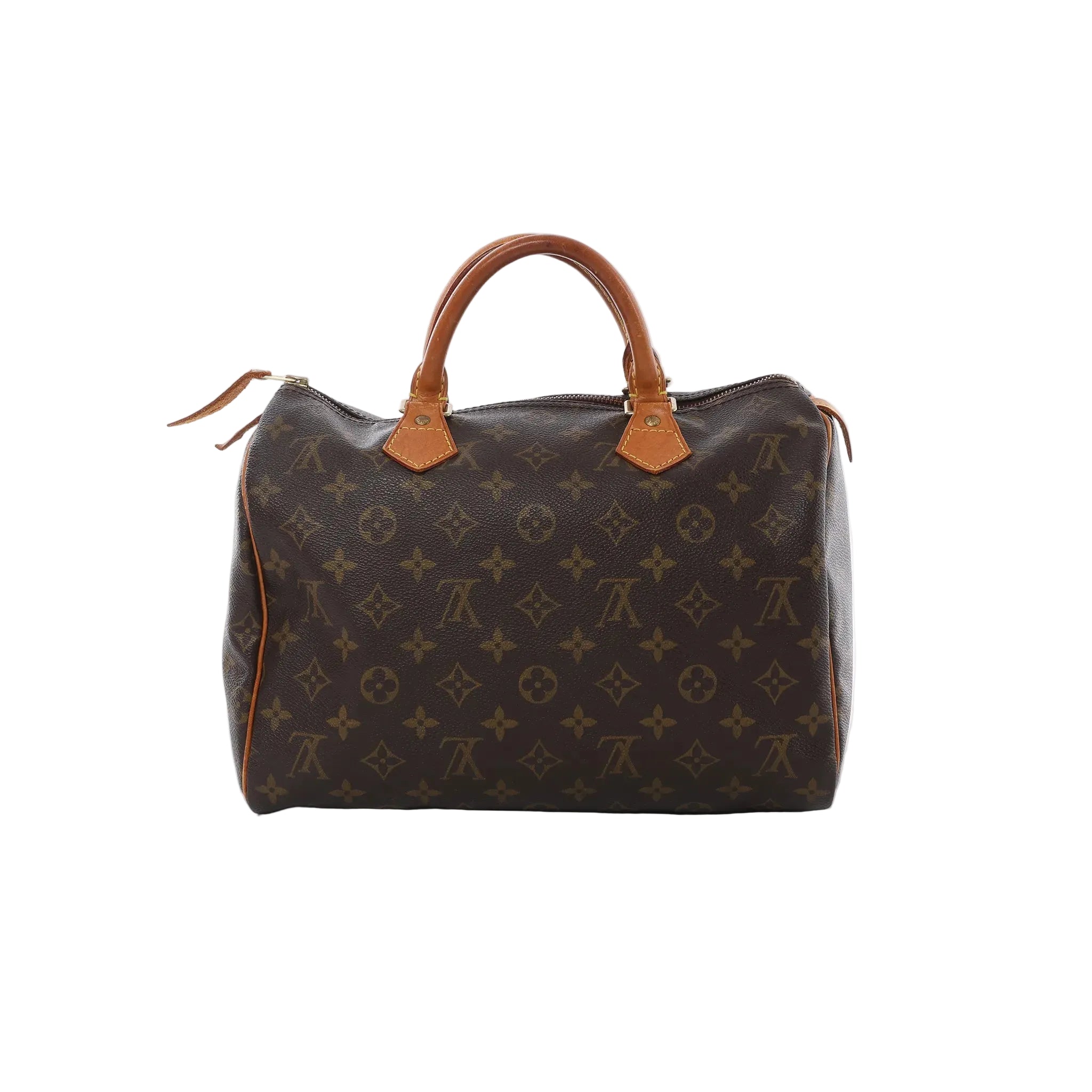 Louis Vuitton Speedy 30 Monogram canvas handbag with tan leather top handles, top zip closure, and brown monogram print on white background