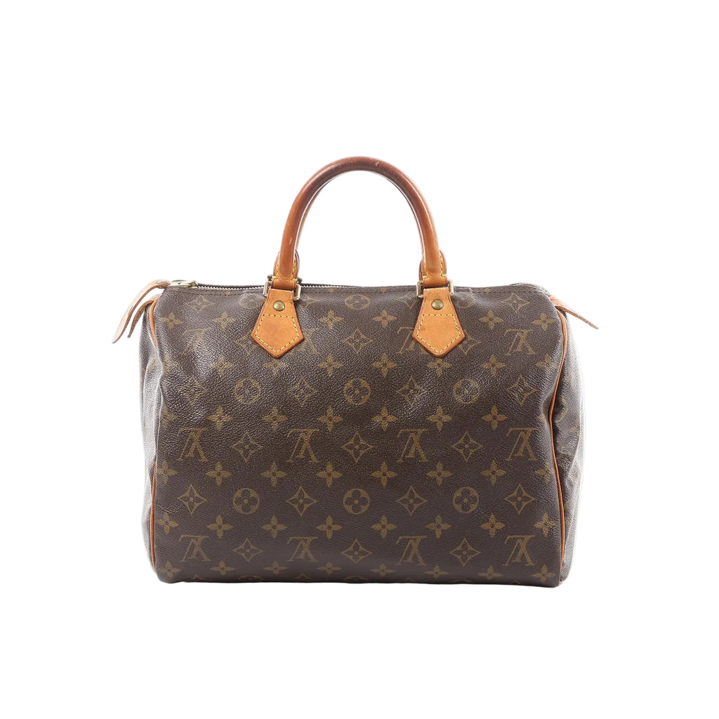 Louis Vuitton Speedy 30 handbag in brown Monogram canvas with tan vachetta leather top handles, top zip closure, and gold-tone hardware.