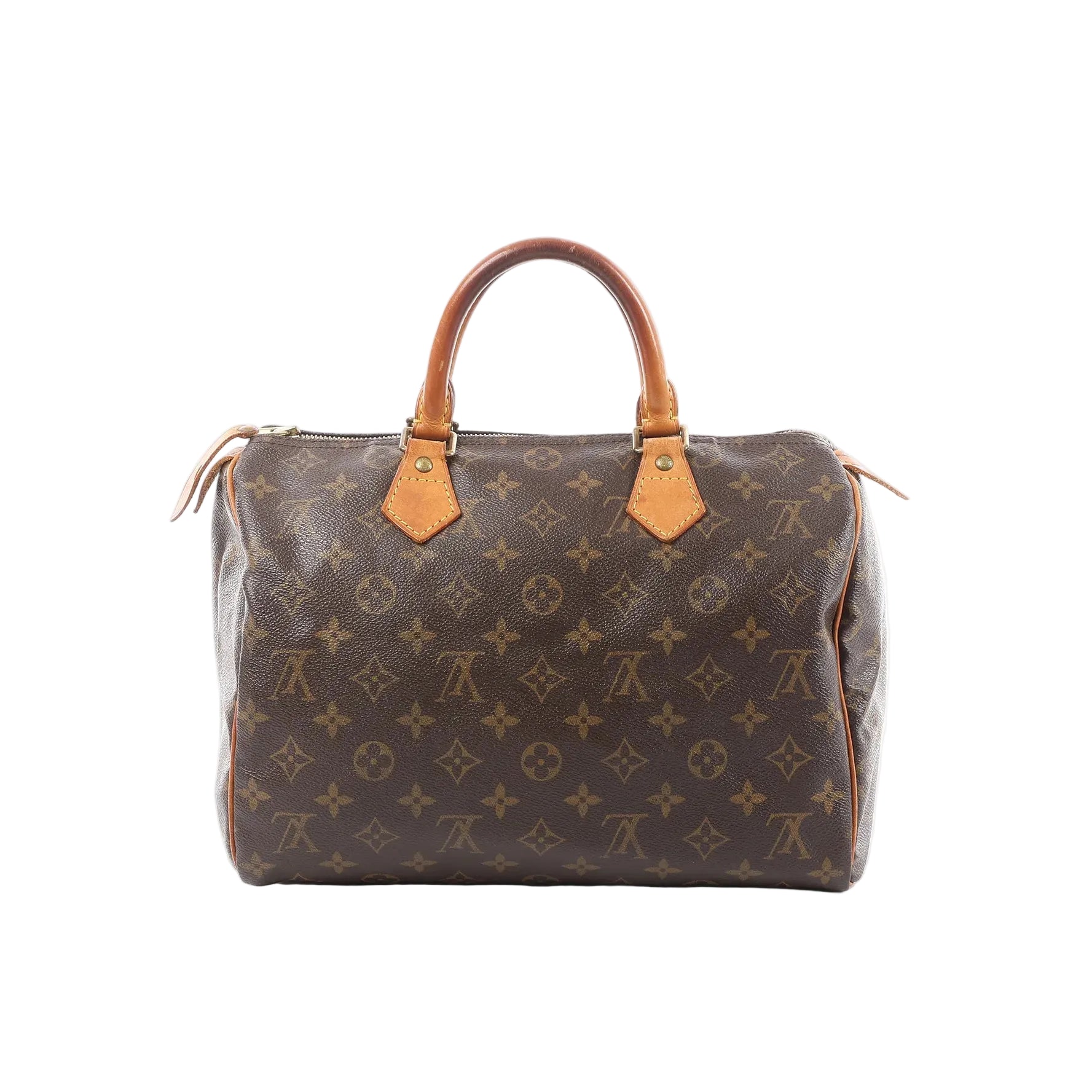Louis Vuitton Speedy 30 handbag in brown Monogram canvas with tan vachetta leather top handles, top zip closure, and gold-tone hardware.