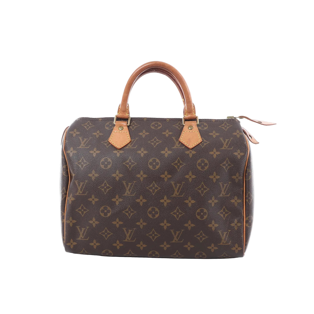 Louis Vuitton Speedy 30 handbag in brown Monogram canvas with tan vachetta leather handles, zip-top closure, and leather zipper pulls on white background.