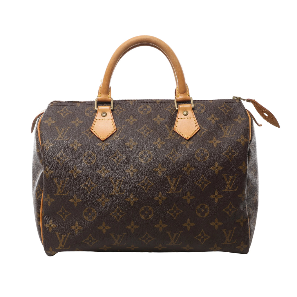 Brown Louis Vuitton Speedy 30 Monogram canvas handbag with tan leather top handles, zip closure and gold-tone hardware.