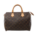 Brown Louis Vuitton Speedy 30 Monogram canvas handbag with tan leather top handles, zip closure and gold-tone hardware.