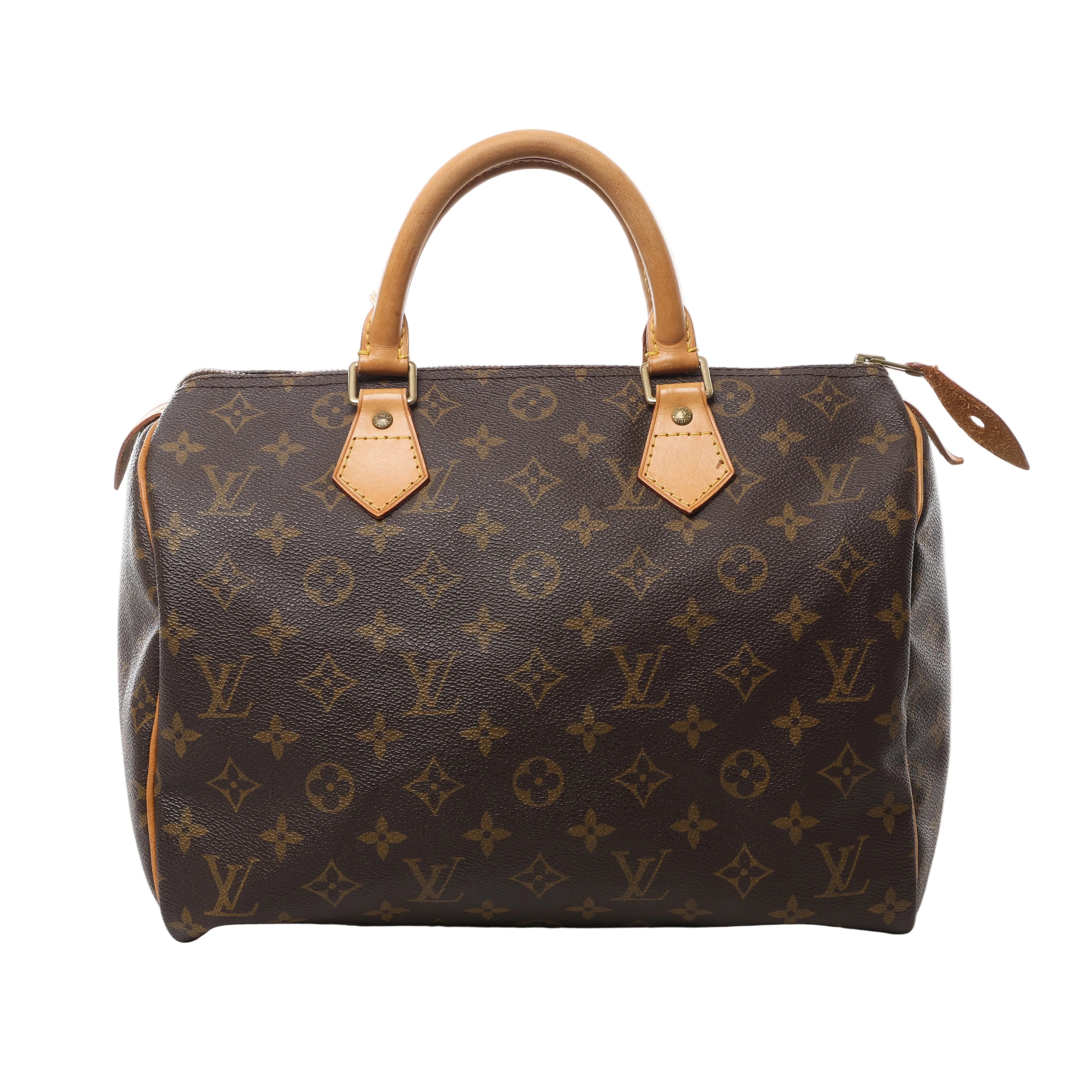 Brown Louis Vuitton Speedy 30 Monogram canvas handbag with tan leather top handles, zip closure and gold-tone hardware.