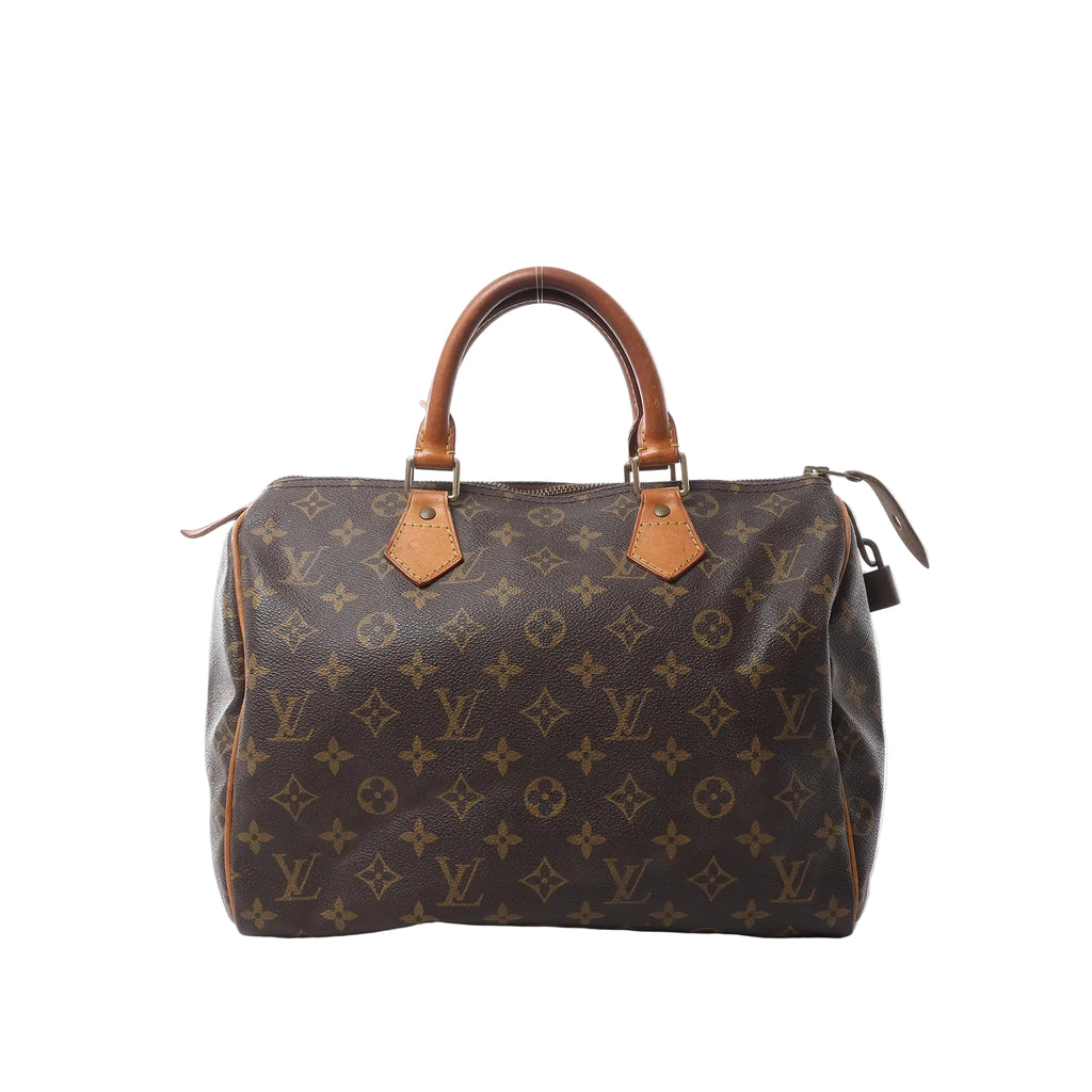 Louis Vuitton Speedy 30 brown Monogram canvas handbag with tan leather top handles, gold-tone hardware and padlock.