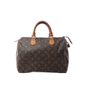 Louis Vuitton Speedy 30 brown Monogram canvas handbag with tan leather top handles, gold-tone hardware and padlock.