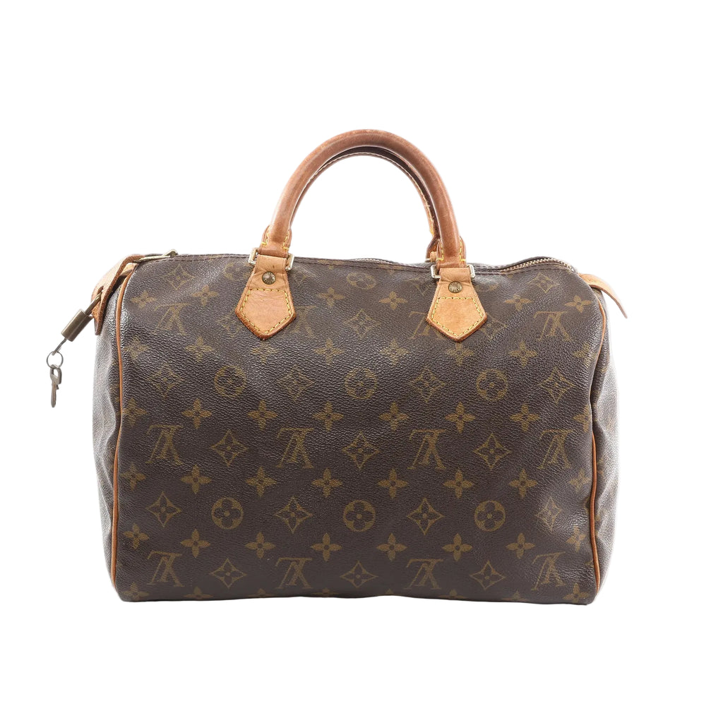 Louis Vuitton Speedy 30 brown Monogram canvas handbag with vachetta leather rolled top handles, vachetta trim, and top zip closure, shown on a white background.