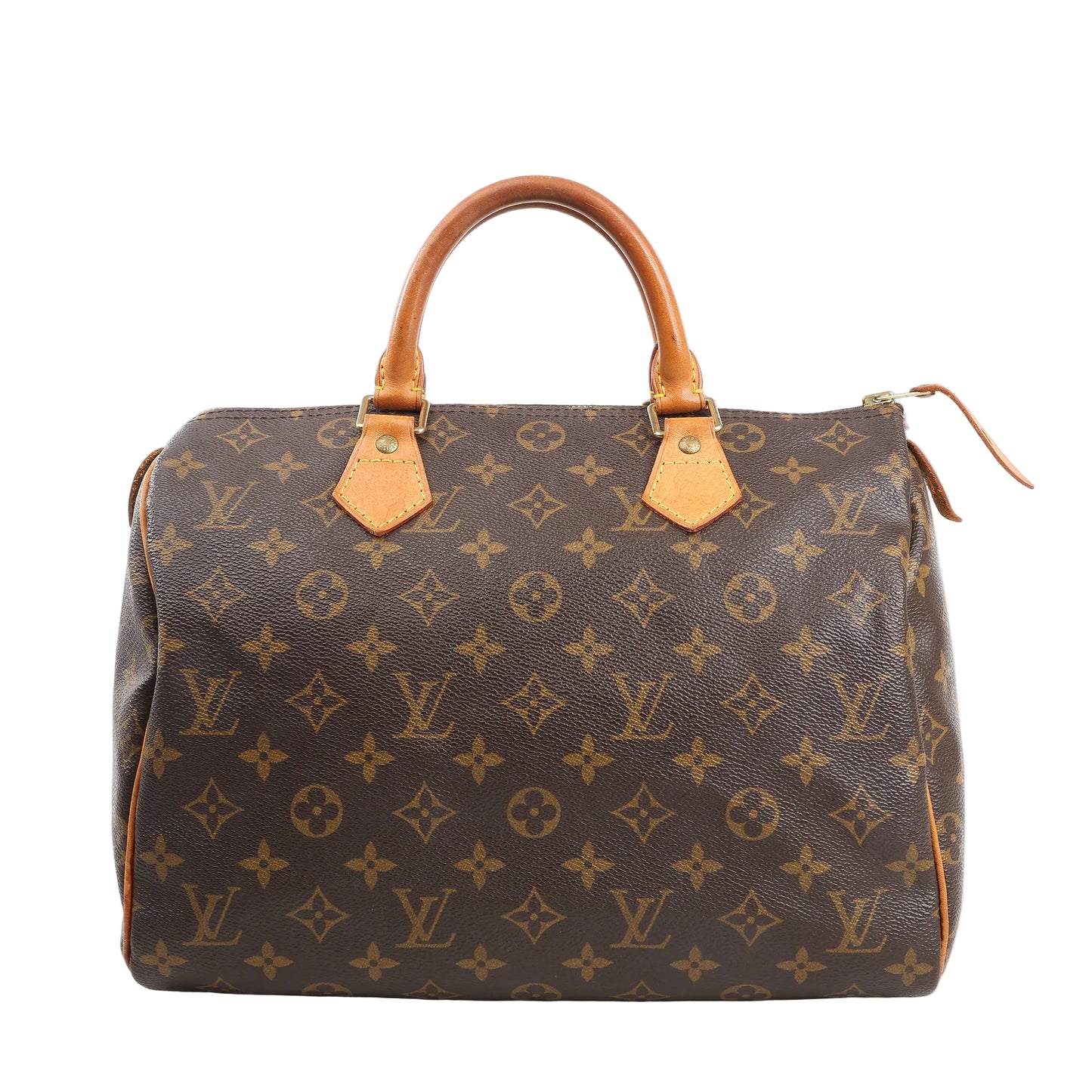Louis Vuitton Speedy 30 handbag in brown monogram canvas with natural leather top handles, gold-tone hardware, and a zip closure.